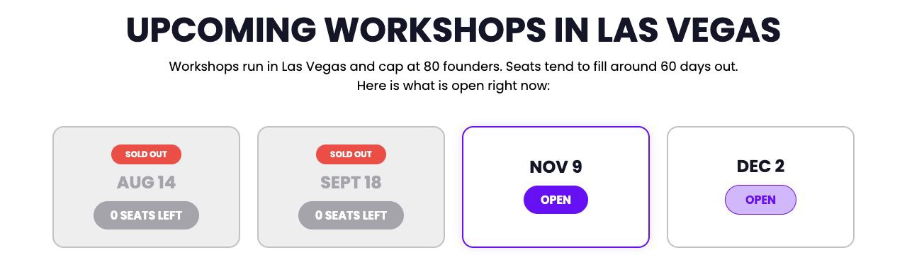 Real workshop dates, with sold-out cohorts