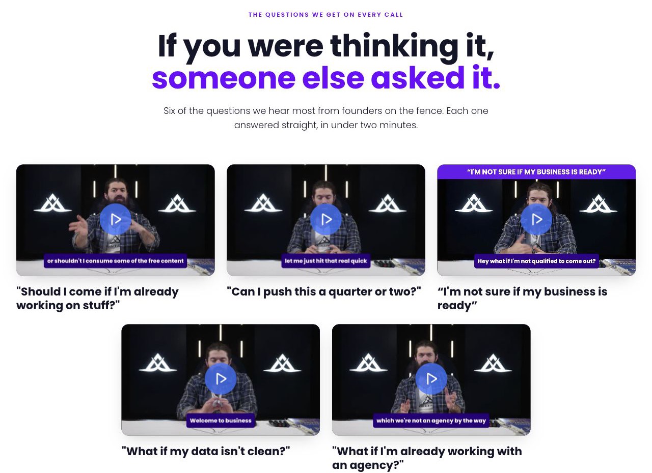 Video answers per question on Hormozi's page