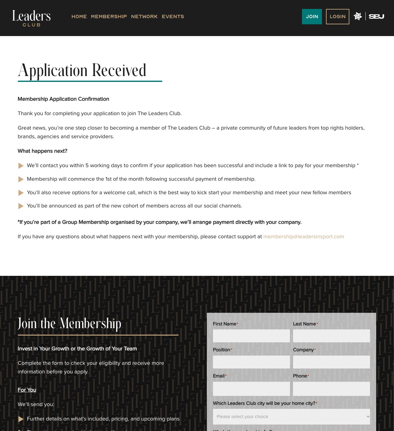 Confirmation page: Leaders Club · submitted an application