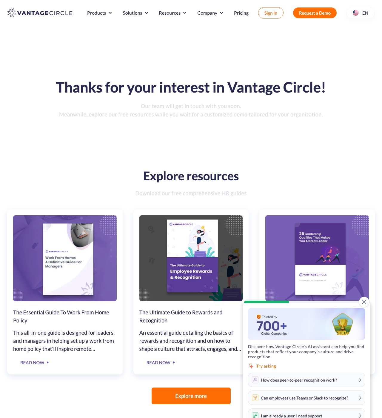 Confirmation page: Vantage Circle · requested a demo